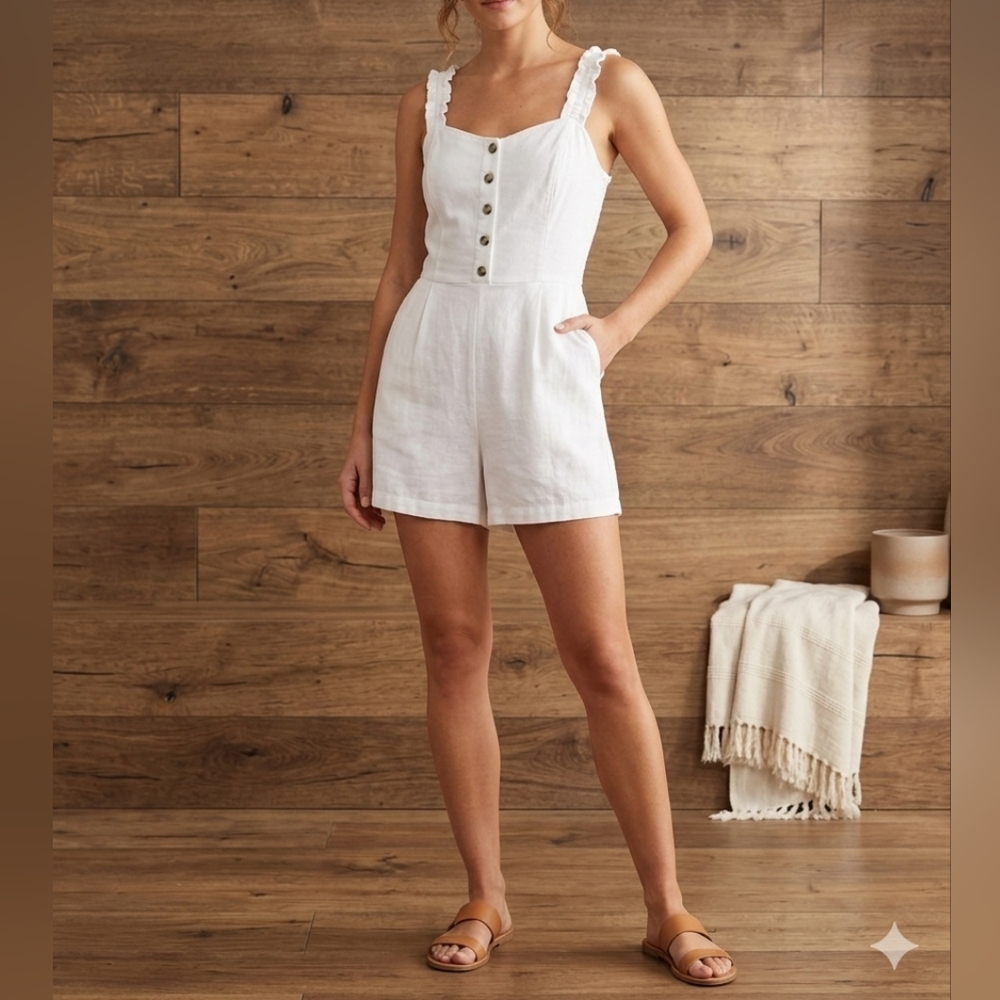 Hollister White Linen-Blend Romper Button-Front Boho Coquette Summer - Medium